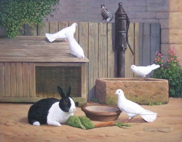 Rabbit Bunny Hare Painting - rabbit and pigeons